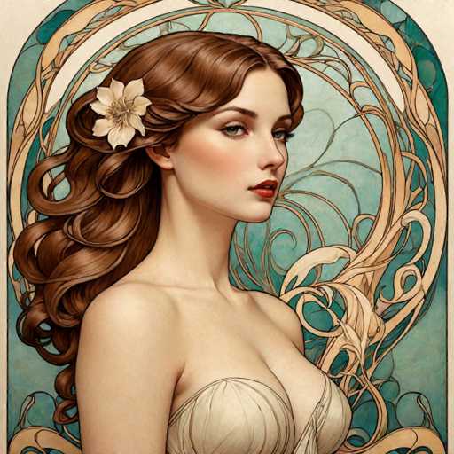 The image depicts a detailed, computer-generated portrait of a woman with long, wavy brown hair adorned with a white flower on the left side. She has striking green eyes, red lipstick, and a fair complexion with a slight blush on her cheeks. The woman is wearing a beige, strapless top that reveals her shoulders and chest. She is positioned slightly to the right, gazing directly at the viewer. The background features a light blue hue with intricate, gold and beige swirls and patterns, resembling a stained glass window. The overall composition is framed by a light brown border, enhancing the vintage, artistic feel of the image.