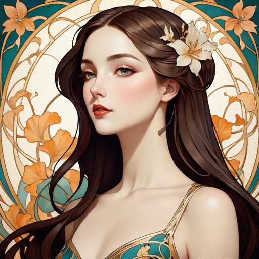 This image is a detailed, computer-generated illustration of a young woman, likely in her late teens or early twenties. She has long, dark brown hair that cascades down to her chest, with a white flower adorning the right side of her head. Her striking green eyes are accentuated by red lipstick, and she has a fair complexion with a slight blush on her cheeks. She is dressed in a blue and gold top, which appears to be a dress or a shirt, with a single strap over her left shoulder. The background features a circular design with a gold border, adorned with orange and blue flowers, adding a vibrant and artistic touch to the overall composition.