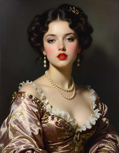The image depicts a woman wearing a pink and gold dress with white lace sleeves and a pearl necklace. She is looking directly at the camera with her hair styled in an updo. The background is dark gray, providing a stark contrast to the woman's attire.