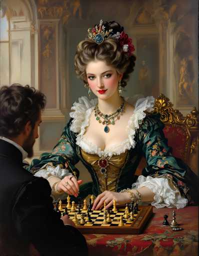This detailed painting depicts a Victorian-era scene featuring a woman and a man engaged in a game of chess. The woman, seated on a grand, ornate gold chair with red velvet upholstery, is dressed in an elaborate green gown adorned with intricate floral patterns and white lace ruffles. Her hair is styled in a sophisticated updo, embellished with a large, ornate headpiece that includes a prominent blue jewel. She accessorizes with a matching blue necklace and earrings, and her face is accentuated with bright red lipstick and blush. Her hands, adorned with rings and bracelets, rest on the chessboard, which is positioned on a table covered with a red tablecloth. The man, seated across from her, is dressed in a black tuxedo with a white shirt. The background features a richly decorated wall with gold and red designs, adding to the opulent atmosphere of the scene.