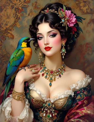 This image depicts a young woman, possibly in her late teens or early twenties, dressed in an elaborate Victorian-style outfit. She has fair skin, dark brown hair styled in a bun, and is adorned with a tiara featuring a prominent red jewel. Her makeup is striking, with bright red lipstick, pink blush, and purple eyeshadow. She wears long, dangling earrings and a large, ornate necklace with a blue jewel at its center, surrounded by various colored jewels. Her dress is low-cut, revealing a significant amount of cleavage, and is decorated with intricate patterns in blue, red, and gold. 

Her right hand, which is adorned with a gold bracelet and a ring, is raised to her shoulder where a vibrant parrot perches. The parrot has a blue head, yellow under its eye, a black beak, a yellow chest, and green and blue feathers. The background of the image is a muted brownish-green, providing a subtle contrast to her vivid attire. The overall composition suggests a painting, though it could also be a highly detailed digital artwork.