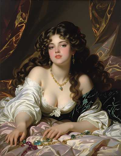 This is a detailed painting of a young woman, likely from the 17th or 18th century, depicted in a style reminiscent of Vermeer. She has long, dark brown hair styled in curls that frame her face and cascade down her back. Her complexion is fair, and she wears pink lipstick that highlights her full lips. She is adorned with a string of pearls around her neck, and a gold necklace featuring a prominent green gemstone. Her attire is a white dress with puffy sleeves that extend to her elbows, and the fabric appears to be made of a silky material. The dress is low-cut, revealing some cleavage. She is seated on a pinkish-purple fabric, possibly a bed or couch, with her hands resting on her lap. In her hands, she holds a string of beads that are a mix of purple, blue, and green. The background is dark, with hints of brown and gold, adding to the painting's intimate and serene atmosphere.