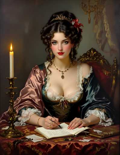 The image depicts a detailed painting of a woman from the 1700s, seated at a table adorned with a red tablecloth. She is dressed in an elaborate green gown with white lace trim, featuring a bustier and a pink shawl draped over her shoulders. Her dark brown hair is styled in an updo with curls framing her face, and she wears a gold tiara with a red flower. The woman's makeup includes red lipstick, and she has on long, dangling earrings and a necklace with a pendant. She is holding a pen in her right hand, poised over an open book, while her left hand rests on the table. The table also holds a lit candle in a gold candlestick and a small brown purse. Behind her, a gold chair with red velvet upholstery is visible, and the background includes a gray wall with a chandelier hanging from the ceiling. The overall scene is richly detailed, capturing the elegance and style of the era.