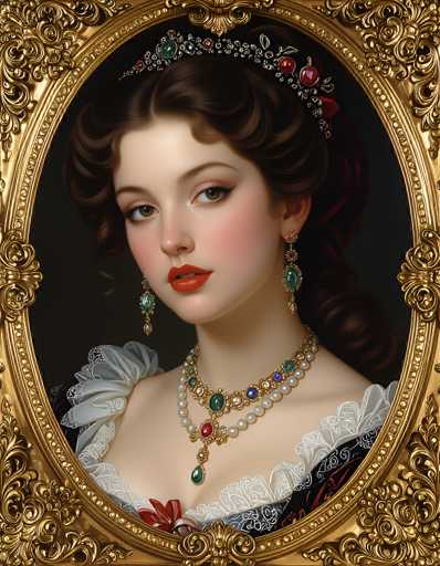 This image depicts a highly detailed, realistic painting of a young woman, possibly in her late teens or early twenties, set against a black background. She has long, dark brown hair styled in an elegant updo with curls framing her face. Her makeup is striking, featuring red lipstick, brown eyes, and a touch of blush on her cheeks. She is adorned with a tiara embellished with red and green jewels, and she wears dangling green earrings. Around her neck is a luxurious necklace composed of white pearls, green and red jewels, and gold accents. Her dress is black with intricate white lace detailing, including a frilly collar and shoulders. The entire scene is encased in an ornate, gold oval frame, adding to the painting's regal and sophisticated appearance.