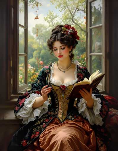 This image depicts a young woman, possibly in her late teens or early twenties, seated in front of a large, multi-paned window that offers a view of a lush garden filled with trees, flowers, and greenery. She is dressed in an elaborate, old-fashioned gown reminiscent of the Victorian era, featuring a dark green fabric adorned with red and pink floral patterns. The dress has a white lace bodice, a gold corset with a red rose at the center, and a long skirt that transitions from green to a coppery or orange hue. Her hair is styled in an elegant updo, decorated with a red and white flower, and she wears red lipstick and heavy eye makeup. Around her neck are two necklaces, one of which has a blue pendant. She is holding an open book in her left hand, with her right hand resting on her chest, and she wears rings on her fingers. The overall scene evokes a sense of timeless beauty and tranquility.