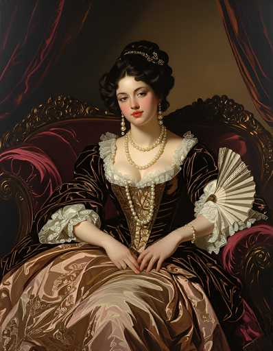 This image is a detailed painting of a young woman, likely from the 1800s, seated in an ornate chair. The chair features a red velvet backrest and armrests, with intricate gold trim and a gold frame. The woman, who has dark brown hair styled in an elaborate updo with curls framing her face, is adorned with a gold headband. She wears long, dangling earrings and two strands of pearls around her neck. Her dress is a luxurious gold color with white lace trim, a bustier-like bodice, and a voluminous skirt. The sleeves of her dress are puffy and white, extending to her elbows. She holds a white fan in her left hand, and her right hand rests on her lap. The background of the painting is a dark brown wall, with red curtains visible in the upper corners, adding to the opulent atmosphere of the scene.