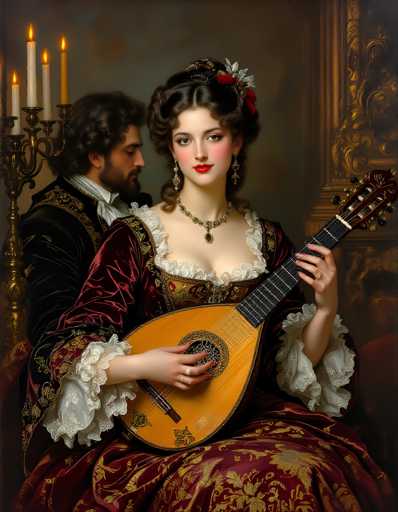 This detailed painting depicts a woman and a man in an opulent setting reminiscent of the 1700s or 1800s. The woman, seated in a luxurious chair, is adorned in a lavish red velvet gown with intricate gold embroidery and white lace trim. Her dark hair is elegantly styled in an updo, accentuated with flowers and a red ribbon. She wears striking red lipstick, long dangling earrings, and a prominent necklace with a large pendant. Her hands, adorned with rings, hold a stringed instrument, possibly a lute or a small guitar, characterized by its light brown body and dark brown neck. 

Behind her, the man, dressed in a black velvet jacket with gold trim and a white shirt, has dark curly hair, a beard, and a mustache. He is looking down, seemingly absorbed in thought. The background features a dark green wall with a gold-framed mirror, adding to the painting's grandeur. To the left, a candelabra with four lit candles casts a warm glow, enhancing the rich, historical ambiance of the scene.
