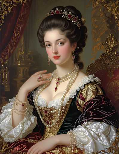 The image depicts a highly detailed, realistic painting of a young woman, possibly in her late teens or early twenties, who appears to be of royalty or high nobility. She is seated in an ornate chair with a red velvet backrest adorned with gold trim. The woman has fair skin, brown eyes, and red lips, with her dark brown hair styled in an elaborate updo, secured by a jeweled tiara. She wears long, dangling earrings and multiple strands of pearls around her neck, with a prominent red jewel hanging from the center. Her attire is a luxurious dress featuring a gold bodice with a deep V-neckline, white ruffles, and a black skirt. The dress's sleeves are puffy and white, extending to her wrists. She accessorizes with a ring on her right hand and bracelets on her right wrist. The background includes a red curtain with gold trim and a green wall, enhancing the regal atmosphere of the scene.