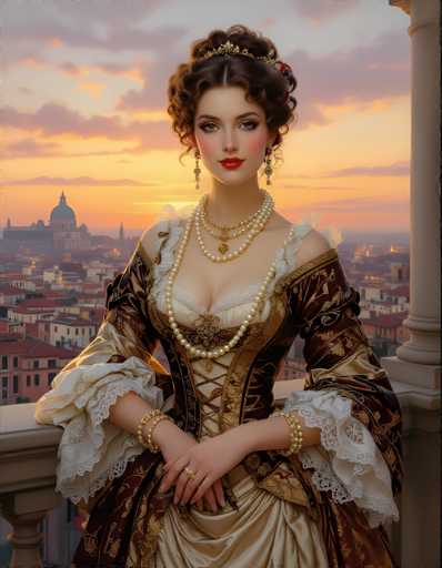 The image portrays a young woman, likely in her early 20s, dressed in an elaborate Victorian-style outfit. She is adorned with a gold crown and multiple strands of pearls—four in total—gracing her neck. Her attire features a corset with laces, a white bustier, and a skirt that is a mix of brown and cream colors. The dress is further embellished with lace details around the sleeves and chest. She wears long, dangling earrings and a ring on her right hand. Her dark brown hair is styled in an updo, and she has red lipstick and blush on her cheeks. The woman is leaning against a stone railing, with a stone pillar visible to her right. Behind her, a cityscape unfolds, with a prominent domed building on the left and a sunset sky painted in hues of orange, pink, and purple. The scene is serene, with the woman gazing directly at the camera, exuding an air of elegance and timeless beauty.
