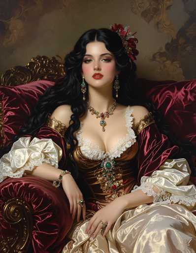 This image depicts a young woman, likely in her early 20s, with long, dark black hair adorned with a red flower. She is seated on a luxurious, ornate chair that features a gold frame and is upholstered in red velvet. The woman is dressed in an elaborate, old-fashioned gown that combines elements of a corset and a ball gown. The dress is primarily red with intricate white lace detailing around the bust and sleeves, which are puffy and gold. She wears a striking gold necklace adorned with red and green jewels, along with matching earrings. Her makeup is bold, featuring bright red lipstick, and she has several rings on her fingers. The background of the image is a muted brown with gold accents, enhancing the overall regal and vintage aesthetic of the scene.
