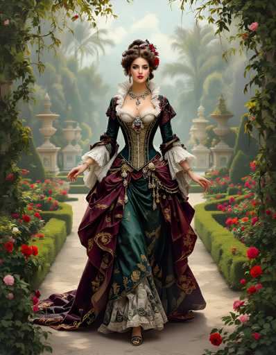 The image depicts a highly detailed, computer-generated or AI-generated painting of a woman in an elaborate, Victorian-style dress. She stands on a stone pathway in a lush garden, surrounded by vibrant red and pink roses, green bushes, and tall palm trees. The woman, with her brown hair styled in an updo adorned with flowers, wears a striking outfit featuring a green bodice with gold accents, a white bustier, and a burgundy skirt with intricate gold designs. Her dress is complemented by a white collar, long sleeves with ruffles, and a frilly skirt. She accessorizes with a silver necklace, bracelets on both wrists, and a bracelet on her right wrist. Her red lipstick and the ornate details of her attire suggest a scene reminiscent of a historical or fantasy setting, possibly akin to a character from a movie like "Cinderella."