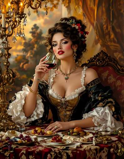 The image depicts a young woman, likely in her early 20s, dressed in an elaborate Victorian-style outfit. She has dark brown hair styled in an updo adorned with flowers and a headband. Her makeup is striking, featuring bright red lipstick, dark eyeshadow, and blush on her cheeks. She is seated at a table covered with a red and gold tablecloth, which is laden with various plates of food, including fruits, vegetables, and possibly bread. The woman is holding a glass of red wine in her right hand, with her elbow resting on the table. She wears a gold necklace with a pendant, a gold bracelet on her right wrist, and a ring on her left hand. Her dress is black with white frills at the sleeves and a gold corset-like bodice. The background features a golden chandelier and a window with a view of trees and a sunset sky. The overall scene is richly detailed, evoking a sense of historical elegance and opulence.