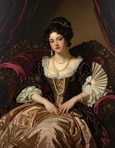 The image depicts a woman dressed in an elaborate costume with a long dress and pearls. She is seated on a red chair, wearing a white fan as a parasol. The painting style is realistic, focusing on the details of the woman's attire and surroundings.