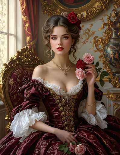 The image depicts a young woman, possibly in her late teens or early twenties, seated in an opulent chair. She is dressed in a Victorian-style gown that is a deep burgundy or maroon color, adorned with intricate gold and white lace details. The dress features a low-cut neckline and puffy sleeves that are ruffled at the ends. Her hair is styled in an elaborate updo, with some curls cascading down, and she wears a silver tiara embellished with a red rose. A matching red rose is tucked into her hair. She has fair skin, red lips, and is wearing eye shadow and lipstick. Around her neck is a pearl necklace with a gold pendant. In her left hand, she holds a bouquet of flowers, including pink and red roses, with green leaves. Her right hand rests on her lap. The background showcases a white wall with gold designs, a large gold-framed picture, and a window with red curtains featuring gold accents. To her right, there is a table with a blue vase decorated with gold and floral patterns. The overall scene exudes a sense of elegance and historical grandeur.