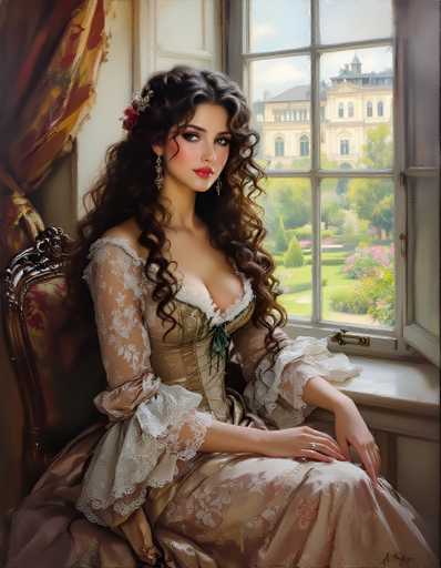 The image depicts a young woman, possibly in her late teens or early twenties, seated in a chair with a red cushion. She is dressed in an elaborate, Victorian-style gown that features a low-cut neckline, a corset-like bodice, and long sleeves adorned with lace. The gown itself is a mix of beige and pink hues, with intricate lace detailing. Her long, dark brown hair cascades down her back, and she wears a silver and red flower barrette on the left side of her head. She has red lipstick, rosy cheeks, and is adorned with dangling earrings. The woman is looking directly at the camera with a neutral expression, her hands resting on her lap. Behind her, a large window reveals a picturesque garden with green grass, pink and purple flowers, and a grand, multi-story white mansion with numerous windows. The sky outside is blue, and the window frame is white. To the left of the window, a red and gold curtain hangs, adding to the opulent setting.