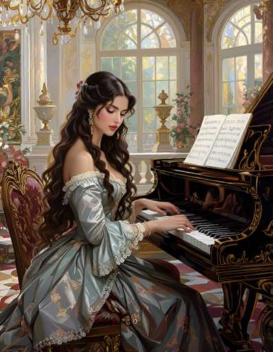 The image depicts a young woman, possibly in her late teens or early twenties, seated at an ornate black piano adorned with gold accents. She is dressed in a Victorian-style gown that is light blue or grayish-blue, featuring intricate gold embroidery and lace detailing. Her long, dark brown hair cascades down her back, with a braid draped over her shoulder. She wears red lipstick and is deeply engrossed in playing the piano, her gaze directed downward at the keys. The room around her is opulent, with large windows that allow sunlight to stream in, illuminating the space. The floor is covered in a red and white carpet, and the walls are adorned with gold accents and paintings. A chandelier hangs above her, adding to the room's grandeur. The overall scene exudes a sense of elegance and historical richness, reminiscent of a bygone era.
