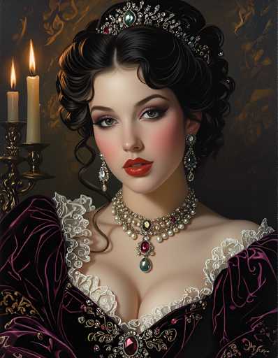 This image is a detailed, computer-generated portrait of a young woman, likely in her early 20s, with fair skin and striking features. She has long, dark brown hair styled in an elegant updo with curls cascading down the sides of her face. Her makeup is meticulously applied, featuring bright red lipstick, dark eyeliner, and mascara, complemented by rosy cheeks. She wears a silver tiara adorned with green and red jewels, matching her dangling earrings and the elaborate necklace around her neck. The necklace is a multi-tiered piece, predominantly silver with pearls and adorned with red and green jewels. Her attire is a luxurious, dark purple velvet dress with intricate gold embroidery and white lace detailing around the neckline and sleeves. The dress is low-cut, revealing a hint of cleavage. To the left of the woman, a golden candelabra holds two lit white candles, adding a touch of warmth to the scene. The background is a dark gray with subtle gold accents, enhancing the overall regal and sophisticated atmosphere of the portrait.