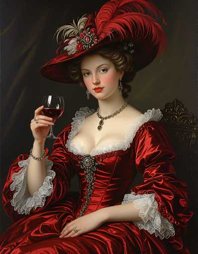 This image depicts a detailed painting of a woman dressed in an elaborate, old-fashioned red gown adorned with intricate white lace trim. The gown features a low-cut neckline, revealing a hint of cleavage, and is further embellished with a silver brooch down the front. The woman's brown hair is styled in curls, and she wears striking red lipstick that complements her fair skin. She accessorizes with a large, ornate hat adorned with red and white feathers, a matching red and white feathered headband, and dangling silver earrings. Around her neck, she sports a silver necklace with a pendant. Her right wrist is adorned with a bracelet, and she wears rings on both hands. In her right hand, she holds a glass of red wine, while her left hand rests on her lap. The background is a dark brown, almost black, which accentuates the vividness of her attire. She sits in a chair with a wooden back, adding to the historical ambiance of the scene.