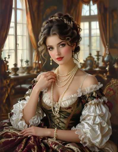 This image depicts a young woman, likely in her late teens or early twenties, seated in an opulent room that exudes a Victorian or Edwardian ambiance. She is adorned in a luxurious dress featuring a corseted bodice with intricate green and gold patterns, complemented by white ruffles and puffy sleeves. Her ensemble is accentuated by a double strand of pearls around her neck and matching pearl earrings. Her dark brown hair is elegantly styled in an updo, secured with a silver tiara, and a few tendrils frame her face. She has striking green eyes, red lips, and a subtle smile as she gazes directly at the viewer. Her right hand gently touches the pearls around her neck, while her left hand rests on her lap. The background reveals a grand room with large windows draped in gold curtains, a wooden table adorned with various objects, and a chair beside her. The overall scene is richly detailed, capturing the essence of a bygone era's elegance and sophistication.