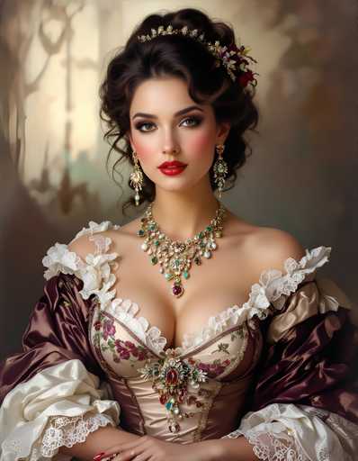 A woman with long dark hair is the central figure in this image. She is wearing a beautiful dress that is predominantly white and brown, adorned with intricate lace detailing. The dress features a corset-like bodice and a voluminous skirt, adding to its elegance. A crown of flowers graces her head, further enhancing her regal appearance. The woman's face is accentuated by bold red lipstick and large, sparkling earrings that catch the light beautifully.