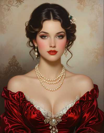 This image is a detailed painting of a young woman, likely in her 20s, with fair skin and dark brown hair styled in an updo with curls framing her face. She has striking green eyes, red lips, and is adorned with a pearl earring in each ear and a double strand of pearls around her neck. She wears a luxurious, low-cut red velvet dress that features intricate white lace detailing and a central brooch with a prominent pearl. The background is a light brown color with a subtle floral pattern, adding to the overall elegance of the portrait. The woman gazes directly at the viewer, exuding a sense of confidence and grace.