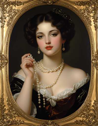 This image depicts a highly detailed and realistic painting of a young woman, likely from the 1800s, set against a black background. The woman, who has fair skin and brown eyes, is adorned with red lipstick and blush on her cheeks. Her dark brown hair is styled in an elegant updo, with a decorative hair clip on the right side. She wears a double strand of pearls around her neck and pearl earrings. Her attire is a black dress with white frills around the shoulders and chest, and she holds a string of pearls in her right hand. The painting is framed in an ornate, gold oval frame with intricate floral designs, adding to the overall elegance of the portrait.