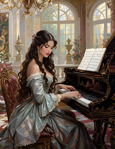 A woman dressed in a blue and gold dress is playing a grand piano with her hands on the keys, seated at a black piano with a white sheet of music resting on it. The room has large windows that let in natural light, creating an atmosphere of elegance and tranquility.