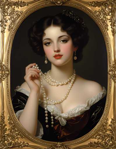 The image depicts a woman wearing a black dress with white lace sleeves and pearls around her neck. She is holding a pearl necklace in her right hand while looking directly at the camera. The painting style is realistic, focusing on the details of the subject's features and attire.