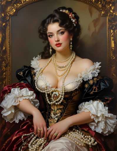 This image depicts a young woman, possibly in her late teens or early twenties, seated in an ornate, gold-framed chair. She has long, dark brown hair styled in a bun adorned with a floral hair clip. Her complexion is fair, and she wears striking makeup, including bright red lipstick, dark eyeshadow, and blush on her cheeks. She is dressed in a luxurious, old-fashioned gown reminiscent of the Victorian era, featuring a dark red or burgundy fabric with intricate gold and white lace detailing. The dress has a bustier-style bodice with a brown corset and a white frilly top. Her sleeves are puffy and decorated with white lace ruffles. She accessorizes with multiple strands of pearls around her neck, long dangling pearl earrings, and several rings on her fingers. The background is a muted gray, which accentuates the rich colors and details of her attire and the ornate chair.