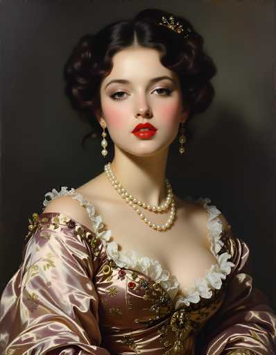 This image portrays a young woman, likely in her early 20s, with a strikingly beautiful appearance. She has dark brown hair styled in an elegant updo, adorned with a gold and diamond hair clip. Her complexion is fair, and she has a subtle, serene smile on her face. Her eyes are a captivating greenish-brown, and her lips are painted a vivid red.

She is wearing a luxurious, gold-colored dress that appears to be made of silk. The dress features intricate gold embroidery and is decorated with delicate flowers in shades of pink, red, and blue. The neckline of the dress is low-cut, with a scalloped edge in white lace, adding to its vintage charm. She accessorizes with long, dangling earrings that have three pearls each, and a double strand of pearls around her neck.

The background of the image is a dark gray, which accentuates the woman's fair skin and the rich colors of her attire. The overall effect is one of timeless elegance and beauty.