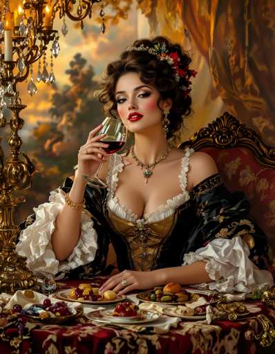 A woman dressed in an ornate dress with a gold bodice and white sleeves is seated at a table covered with a red tablecloth. She holds a glass of wine in her hand while looking directly at the camera. The background features a painting depicting a garden scene with trees, suggesting that this might be taking place in a palace or similar grand setting.