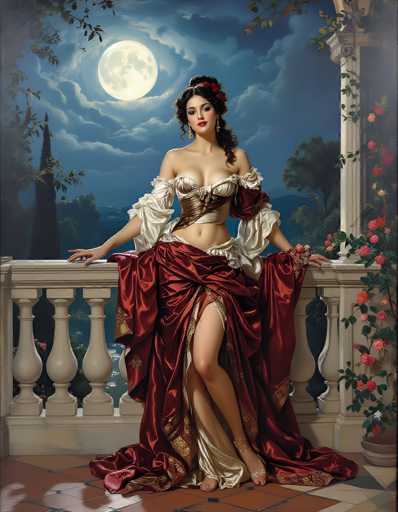 The image depicts a young woman, possibly in her early 20s, with long, dark brown hair styled in a bun adorned with red flowers. She is dressed in a striking, low-cut, velvet gown that is a mix of burgundy and gold, with intricate gold patterns and a white underlay. The dress features a corset-like top and a flowing skirt that reveals her bare legs, accentuated by a gold anklet on her left leg. She is seated on a stone balcony with a white railing, her hands resting on the edge, and her feet bare. The balcony floor is made of red tiles, and to her right, a white pillar is decorated with climbing vines and pink flowers. The background showcases a dark blue night sky filled with clouds, with a large, glowing full moon partially obscured by the clouds. Below the balcony, a lush landscape of trees and bushes is visible, adding to the serene and romantic atmosphere of the scene.