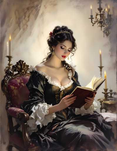 The image depicts a young woman, possibly in her late teens or early twenties, seated in an ornate, Victorian-style chair. She is dressed in a black gown with intricate white frills and lace detailing, reminiscent of a ball gown. Her dark hair is styled in an elaborate updo, with a braid cascading over her left shoulder. She wears a gold headband adorned with a red flower, and her makeup includes striking red lipstick and dark eye shadow. The woman is engrossed in reading a book, her gaze directed downward at its pages. Surrounding her are several lit candles, casting a warm glow, and a chandelier hanging from the ceiling. The background is a muted gray, which contrasts with the rich details of her attire and the room's decor.