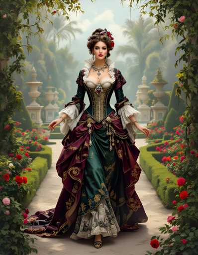 A woman is standing on a path surrounded by lush green bushes and vibrant red roses. She is wearing an ornate dress with a long train that flows behind her as she walks towards the right side of the image. The background features a garden filled with various plants and trees, creating a serene and picturesque setting for the woman in her elegant attire.