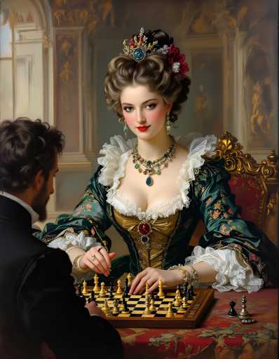 The image depicts a man and woman playing chess on a table. The woman is wearing a green dress with gold trim and a large headpiece adorned with jewels. She holds the pieces of the game in her hands while the man sits across from her, also dressed in a formal outfit.