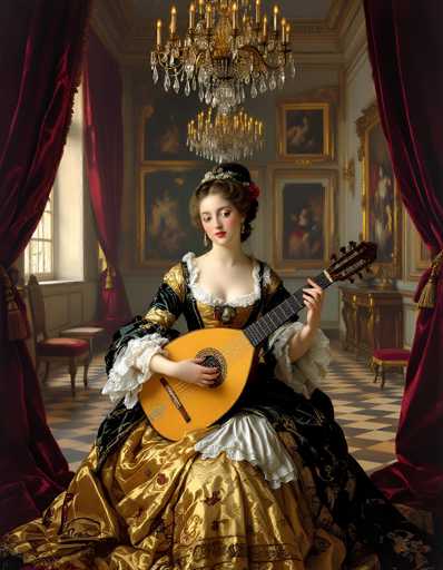 The image depicts a young woman, possibly in her late teens or early twenties, seated in an opulent room that exudes a sense of grandeur and historical elegance. She is adorned in a lavish dress reminiscent of the 1700s or 1800s, featuring a combination of black and gold hues with intricate designs. The dress has a white frill around the neckline and a voluminous skirt that extends to the floor, partially hidden by the rich red curtains framing the scene.

Her hair is styled in a bun, accentuated by a silver headband and a red flower. She wears red lipstick and her gaze is directed to the left, adding a contemplative mood to the portrait. In her hands, she cradles a stringed instrument, likely a lute or a guitar, with a brown body and a black neck.

The room around her is adorned with several elements that enhance its luxurious atmosphere. A crystal chandelier hangs from the ceiling, casting a soft glow over the scene. The walls are decorated with numerous paintings, each encased in ornate gold frames. To the left, a window is draped with red curtains, and beneath it, a couple of chairs are positioned. On the right side, a desk or table is visible, also adorned with a red cushion. The floor features a striking black and white checkered pattern, completing the room's sophisticated and historical ambiance.
