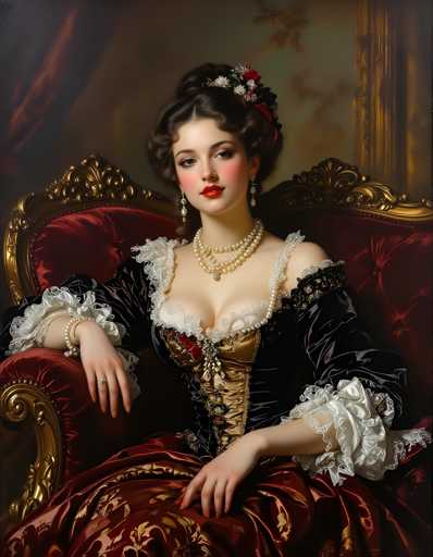A woman is seated on a red velvet chair with gold accents and a gold-colored curtain behind her. She wears a black dress with white lace sleeves and a red headband adorned with flowers. The painting is executed in the Baroque style, characterized by dramatic lighting and intense emotions.