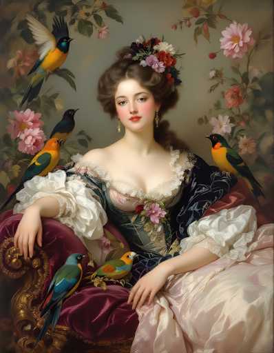 This image is a detailed painting of a young woman, likely from the 18th century, seated in a chair. She is adorned in an elaborate dress with a dark blue bodice, pink accents, and white lace detailing. Her hair is styled in a bun, decorated with flowers, and she wears long, dangling earrings. The woman's face is framed by her rosy cheeks and red lips, and she gazes directly at the viewer. Her right arm rests on the arm of the chair, while her left arm is draped over the side. The chair itself is a striking piece, made of gold with a purple velvet cushion. Surrounding her are numerous birds, including two on her shoulder, one on her arm, and two more on the chair. Additional birds perch on branches and leaves that frame the scene. The background is a muted gray, which contrasts with the vibrant colors of the birds and the woman's attire, creating a visually captivating composition.