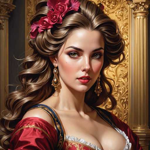 This image depicts a highly detailed, computer-generated portrait of a young woman, likely in her 20s, with a strikingly realistic appearance. She has long, wavy brown hair adorned with three large, red roses positioned on the left side of her head. Her expressive brown eyes are accentuated by long eyelashes, and she wears a touch of red lipstick that complements her fair complexion. The woman is dressed in a red, off-the-shoulder dress with intricate gold and blue trim, and she accessorizes with dangling earrings that feature a teardrop design. The background is a rich, gold-colored setting, possibly a wall or door, flanked by two ornate gold columns, adding to the regal and elegant atmosphere of the portrait.