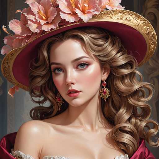 This image features a stunningly beautiful woman with long, wavy blonde hair cascading down her shoulders. She is adorned with elegant red and gold earrings that perfectly complement her fair complexion and striking blue eyes. Her lips are painted a soft pink, adding to her overall allure. She wears a large, ornate hat with a red interior and a gold rim, embellished with a bouquet of pink flowers. The background is a muted gray, which makes her vibrant attire and features stand out even more. She is dressed in a red gown with a white frilly top, and her bare shoulders are visible, enhancing the overall elegance of her appearance. The image captures her from the chest up, showcasing her poised and graceful demeanor.