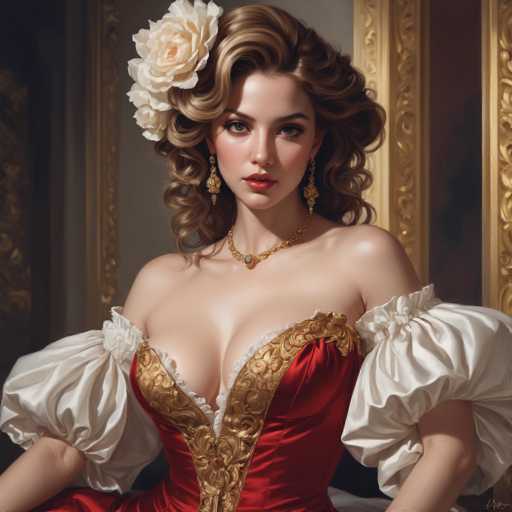 This image depicts a highly detailed, AI-generated painting of a young woman, likely in her early 20s, with a strikingly realistic appearance. She has long, wavy blonde hair adorned with a large white rose on the left side. Her blue eyes are accentuated by long eyelashes and red lipstick, giving her a captivating gaze as she looks directly at the viewer. She is dressed in an elaborate, low-cut red dress with intricate gold trim and white ruffles on the sleeves, which are puffy and extend to her elbows. A gold necklace with a central pendant adorns her neck, complementing her elegant attire. The background features a gray wall with a gold-framed picture, adding to the overall sense of opulence and sophistication in the scene.