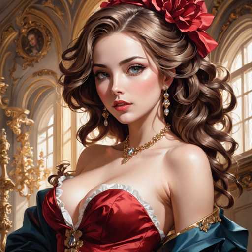 The image depicts a highly detailed, computer-generated illustration of a young woman, possibly in her early 20s, with long, curly brown hair adorned with a large red flower. She has striking blue eyes, red lips, and is wearing elaborate makeup. Her attire is a low-cut, red dress with white frills around the neckline, and she is accessorized with a gold necklace featuring a prominent blue gemstone, along with matching earrings. The woman is positioned in the foreground, facing slightly to the left, with her head tilted in the same direction. The background suggests a grand, ornate interior, possibly a castle or a museum, characterized by white walls, gold trim, and large windows. The setting is well-lit, enhancing the vivid colors and intricate details of the scene.