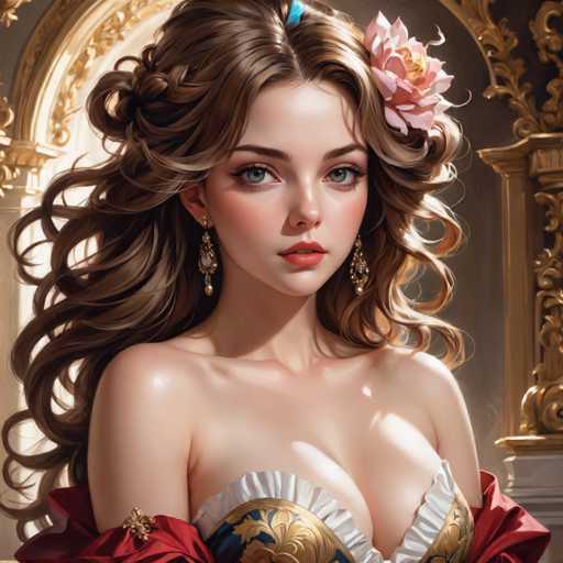 This image depicts a highly detailed, computer-generated or AI-generated artwork of a young woman, likely in her early 20s. She has long, wavy brown hair adorned with a pink flower on the left side and a blue feather at the top. Her striking blue eyes are accentuated by long eyelashes, and she wears pink lipstick that complements her fair complexion. She is dressed in a low-cut, gold and white top that reveals her shoulders and part of her chest, with a red shawl draped over her arms. The background features an ornate, gold archway with intricate designs, adding a touch of grandeur to the scene. The overall composition and high level of detail suggest that this is a sophisticated piece of digital art.