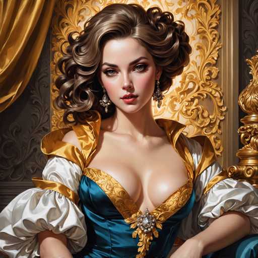 The image depicts a highly detailed, AI-generated portrait of a young woman, likely in her 20s, with a strikingly realistic appearance. She has long, wavy brown hair that cascades down to her shoulders, with a slight curl at the ends. Her complexion is fair, and she has captivating blue eyes that gaze directly at the viewer. She is adorned with large, dangling earrings that feature a diamond-like centerpiece surrounded by smaller diamonds.

The woman is dressed in an elaborate, old-fashioned gown reminiscent of a Victorian or medieval style. The dress is primarily blue with intricate gold embroidery along the neckline and sleeves, which are puffy and white. A prominent silver brooch, encrusted with diamonds, sits at the center of her chest, adding to the opulence of her attire. The dress also features a gold collar and a low-cut neckline that reveals some cleavage.

She is seated on a grand, golden throne-like chair, which is partially visible on the right side of the image. The background is richly decorated with gold and blue hues, enhancing the regal and luxurious atmosphere of the scene. The overall composition and attention to detail make the image appear almost photographic, despite its digital origins.