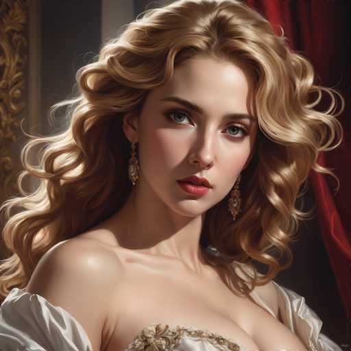 This image is a detailed, computer-generated portrait of a young woman, likely in her late teens or early twenties. She has long, wavy blonde hair that cascades down to her waist, with a slight part on the left side. Her striking blue eyes are accentuated by dark eyebrows and subtle makeup, including mascara and light pink lipstick. She wears elegant, dangling earrings that feature a white stone encased in gold. Her attire is a white, off-the-shoulder dress adorned with intricate gold embroidery, which reveals a hint of cleavage. The background is a rich tapestry of colors and textures, with a red curtain on the right side and a gold, ornate frame on the left, adding to the regal and sophisticated atmosphere of the portrait.