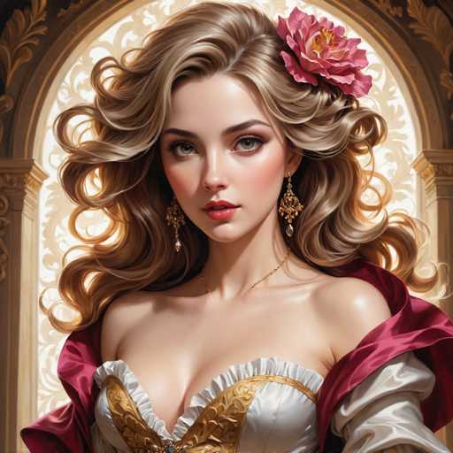 This image is a detailed digital painting of a young woman, likely in her early 20s, with a strikingly realistic appearance. She has long, wavy blonde hair that cascades down to her shoulders, with a few loose waves framing her face. Her hair is adorned with a large, pinkish-red flower on the left side, which features a yellow center. She has expressive brown eyes, accentuated by a touch of eyeliner, and her lips are painted a vivid red. Her complexion is fair, with a slight blush on her cheeks, and she wears a touch of gold jewelry, including dangling earrings and a necklace. 

Her attire is a low-cut, white dress with gold accents, which reveals a hint of her cleavage. Over her shoulders, she drapes a luxurious red shawl, adding to the elegance of her appearance. The background features a golden archway with intricate designs, enhancing the overall regal and sophisticated atmosphere of the painting.