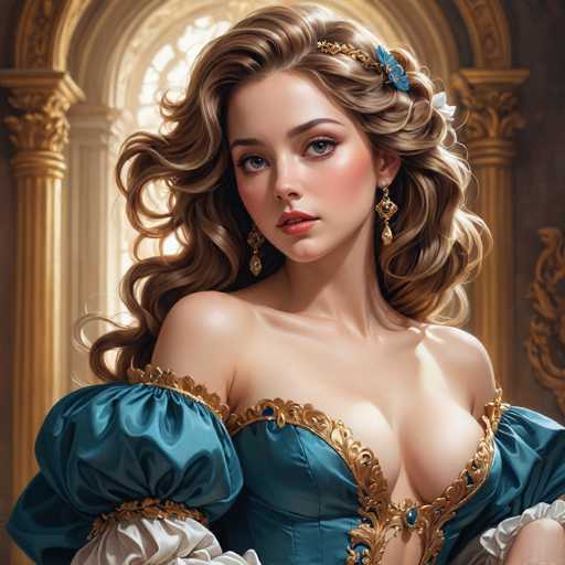 This image portrays a highly detailed, AI-generated or digitally painted portrait of a young woman, likely in her early 20s, with long, wavy blonde hair adorned with a blue flower and a gold headband. She has striking blue eyes, pink lips, and is wearing diamond earrings. Her attire is a blue dress with gold trim, featuring puffy sleeves that taper into white ruffles at the elbows. The dress is low-cut, revealing a significant amount of cleavage. She stands in front of a grand, ornate window framed by gold columns, with light streaming through the window, illuminating her face. The background includes a dark brown wall with a gold design, adding to the opulent atmosphere of the scene.