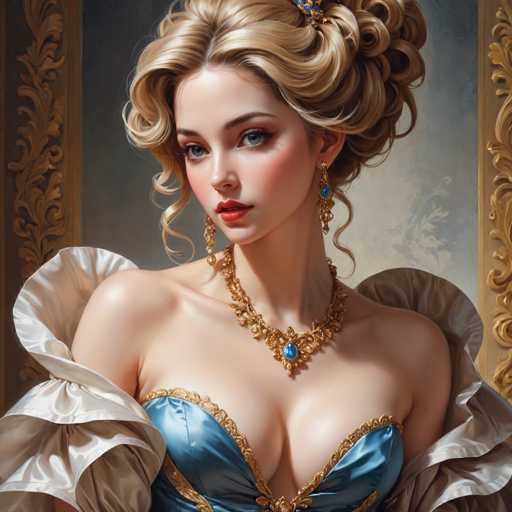 This image is a detailed painting of a young woman with blonde hair, styled in an elaborate updo with curls framing her face. She has striking blue eyes and is adorned with a gold necklace featuring a prominent blue gem. Her attire includes a blue dress with gold trim, which is low-cut, revealing her shoulders and chest. The dress is complemented by a white, fluffy fabric that drapes over her arms, adding a touch of elegance. The background is a muted gray, framed by a gold border, which further accentuates the woman's regal and sophisticated appearance.