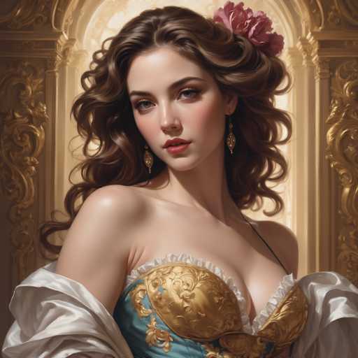 This image is a detailed, computer-generated illustration of a young woman, likely in her early 20s. She has long, wavy brown hair that cascades down to her shoulders, with a slight curl at the ends. Adorning her hair is a large, pinkish-red flower, possibly a rose, positioned towards the back of her head. Her complexion is fair, and she has striking blue eyes accentuated by a touch of brown eyeshadow. Her lips are painted a soft pink, and she has a slight, closed-mouth expression.

She is dressed in an elegant, old-fashioned gown that features a sweetheart neckline. The gown is primarily gold with intricate blue accents, and it includes a white ruffle around the neckline. The dress is sleeveless, with a single black strap on her left shoulder. Over her arms, she wears a white shawl that drapes gracefully.

The background is a rich, golden hue, suggesting she is in a grand, ornate room. The walls are adorned with intricate, swirling patterns, adding to the opulent atmosphere. The overall composition of the image is highly detailed, with a focus on the woman's face and upper body, creating a sense of timeless elegance and beauty.
