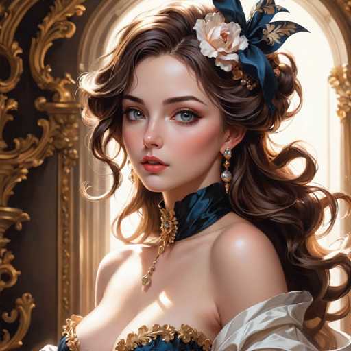 This image features a highly detailed, computer-generated portrayal of a young woman, likely in her late teens or early twenties. She has long, wavy brown hair adorned with a blue ribbon and a white flower. Her striking blue eyes are accentuated by long eyelashes, and she wears red lipstick that highlights her full lips. Her face is framed by a delicate, fair complexion with a slight blush on her cheeks.

The woman is dressed in an elaborate blue gown with intricate gold detailing, including a high collar that extends up to her neck. The dress is low-cut, revealing her shoulders and part of her chest. A white, puffy sleeve is visible on her left arm, adding to the ornate design of her attire. She also wears a blue and gold earring that complements her outfit.

The background features a grand, ornate window with a gold frame, through which light streams, illuminating the scene. To the left of the window, there is a gold wall with additional intricate detailing, enhancing the luxurious atmosphere of the setting. The overall composition and the woman's poised expression suggest she is a character from a high-end video game or a fantasy-themed artwork.